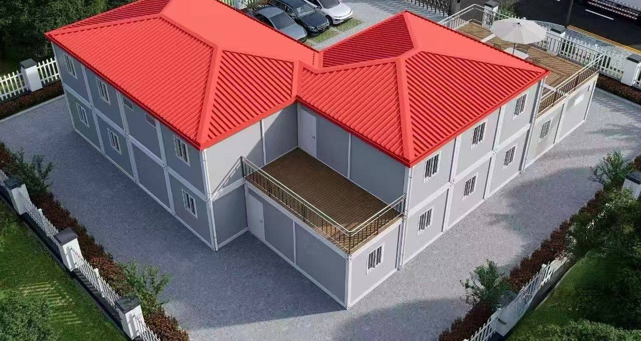 Two-storey pitched-roof container camp block with red roofing